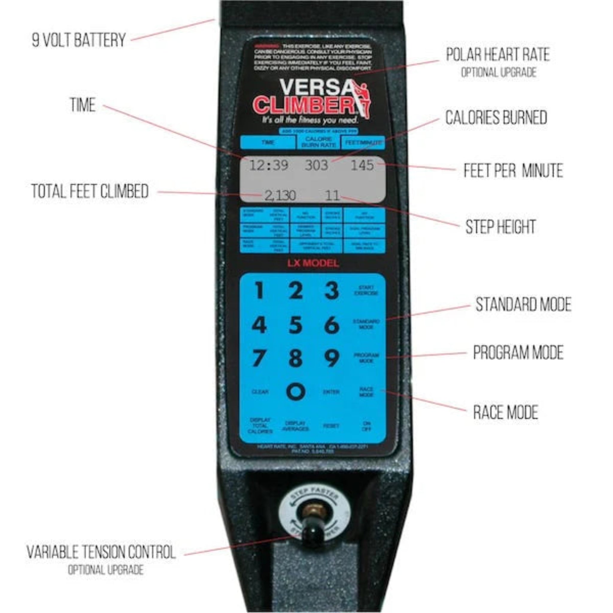 Close-up of the VersaClimber ALX digital console display, showing workout metrics for time, calories, step height, and total feet climbed on a white background
