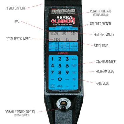 Close-up of the VersaClimber ALX digital console display, showing workout metrics for time, calories, step height, and total feet climbed on a white background