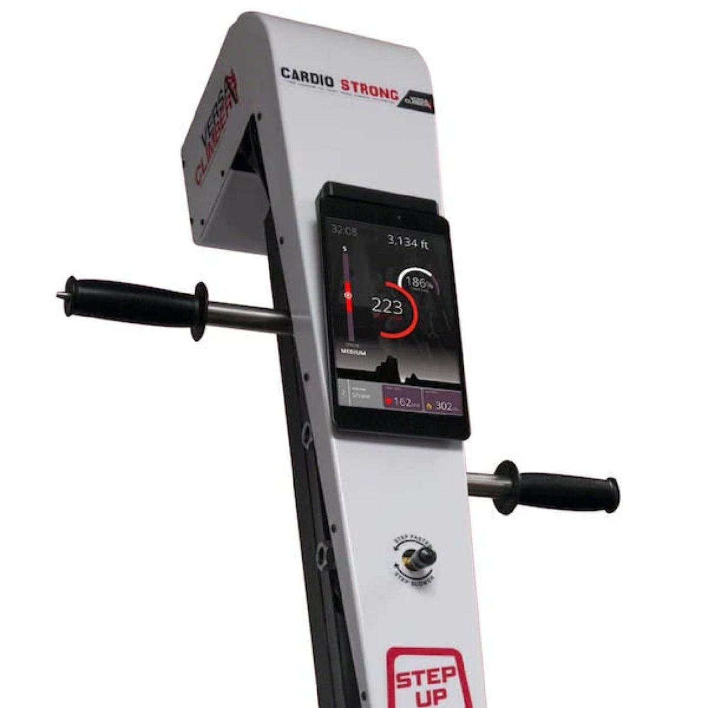 Close-up of the VersaClimber TS-A Aerobic console display showing workout metrics, step rate, and calorie tracking.