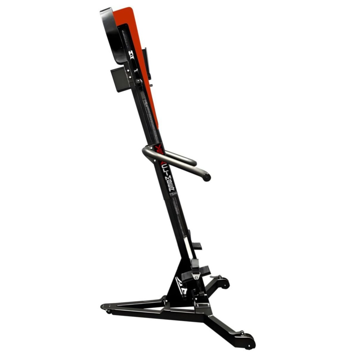 VersaClimber TS-M Magnetic vertical climbing machine with stackable base and red portable battery, designed for space-efficient full-body zero-impact cardio workouts.