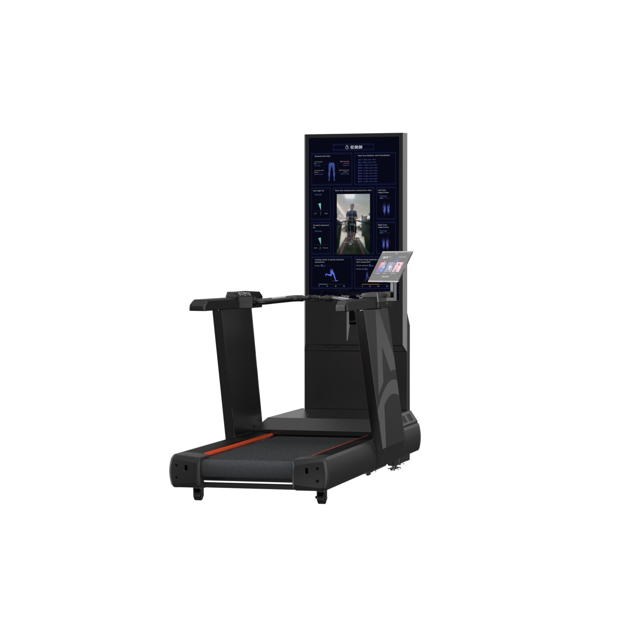 Rear angled view of Visbody Creator 600 AI treadmill highlighting dual smart displays and robust build on white background