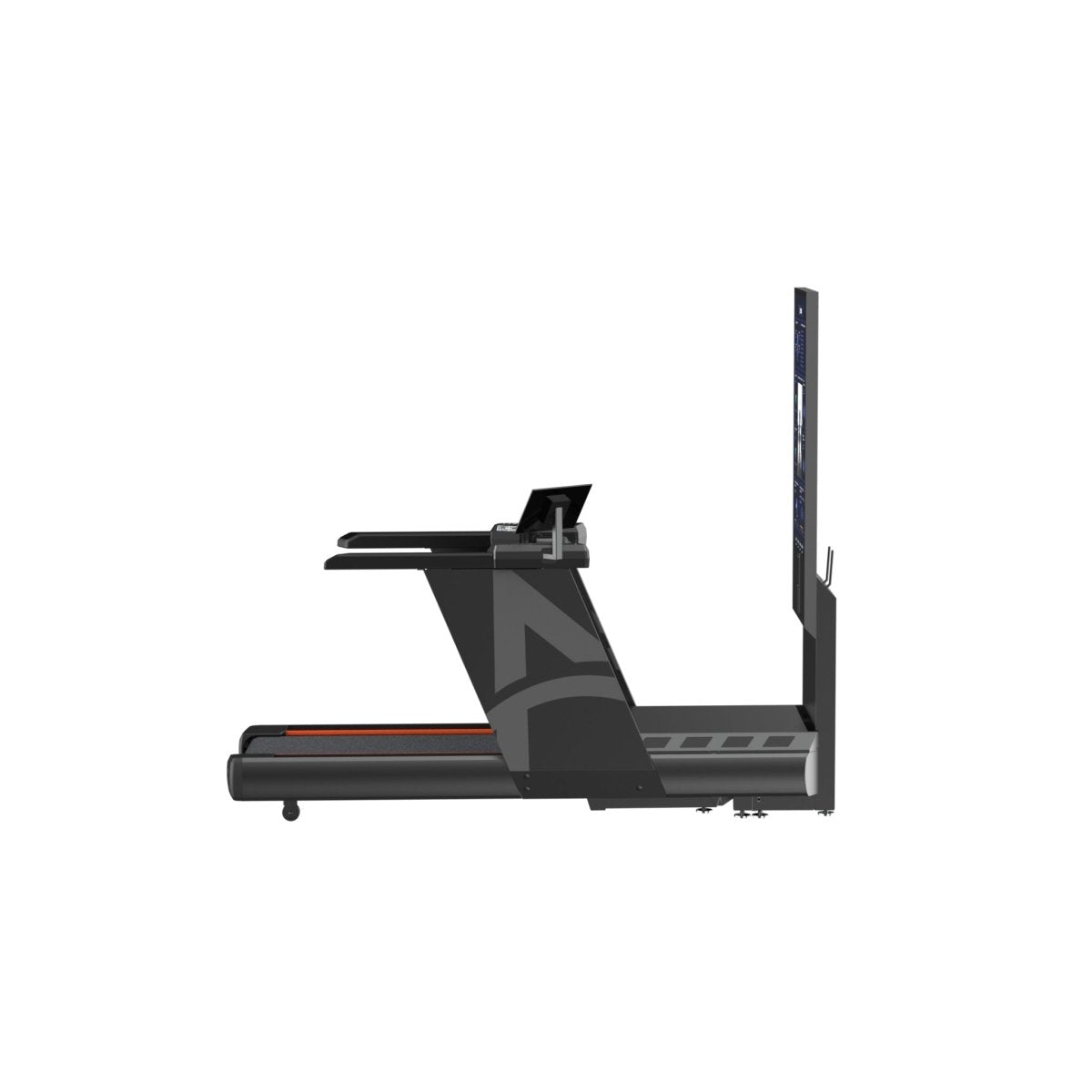Side profile view of Visbody Creator 600 AI treadmill featuring elevated display tower and sleek running deck on white background
