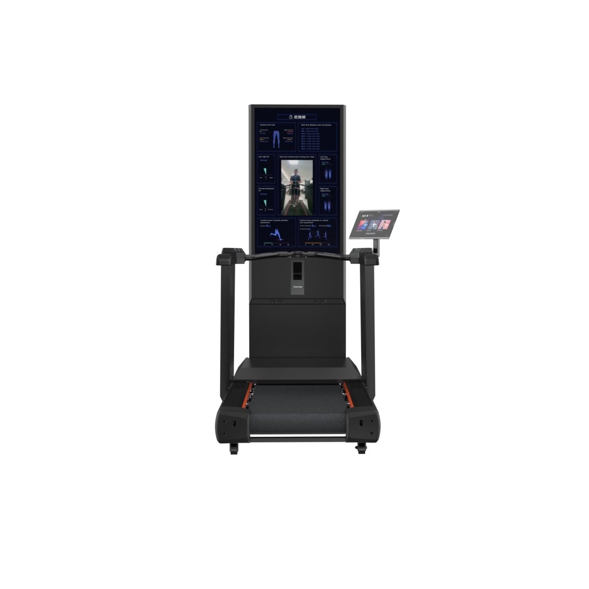 Front view of Visbody Creator 600 AI treadmill with large vertical smart display and secondary touch panel on white background