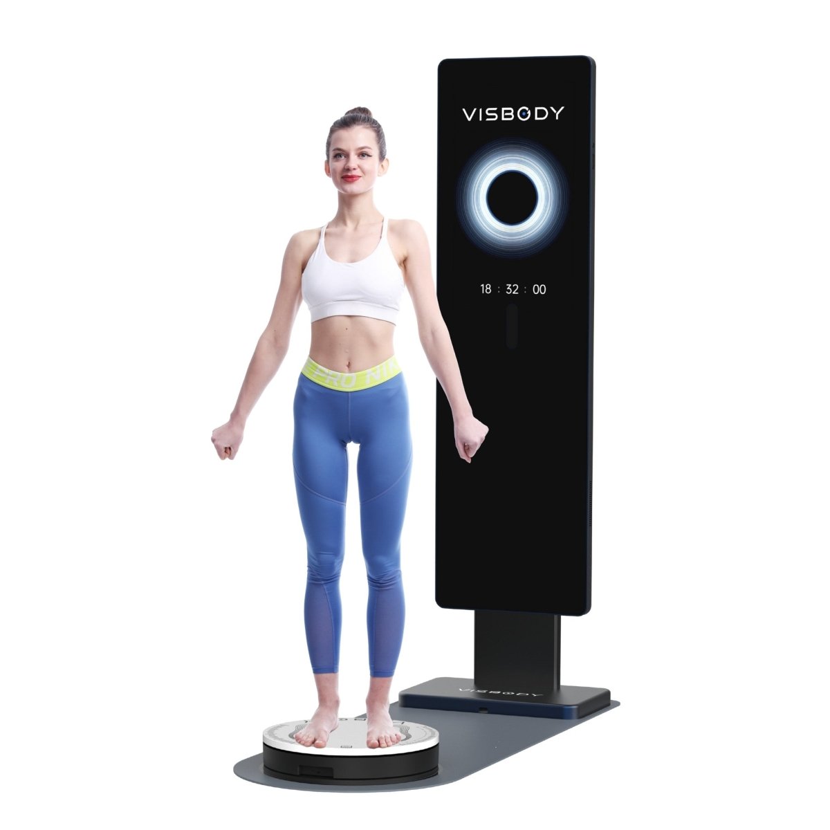 Woman standing on Visbody M30 3D body scanner for full body composition and health analysis demonstration.