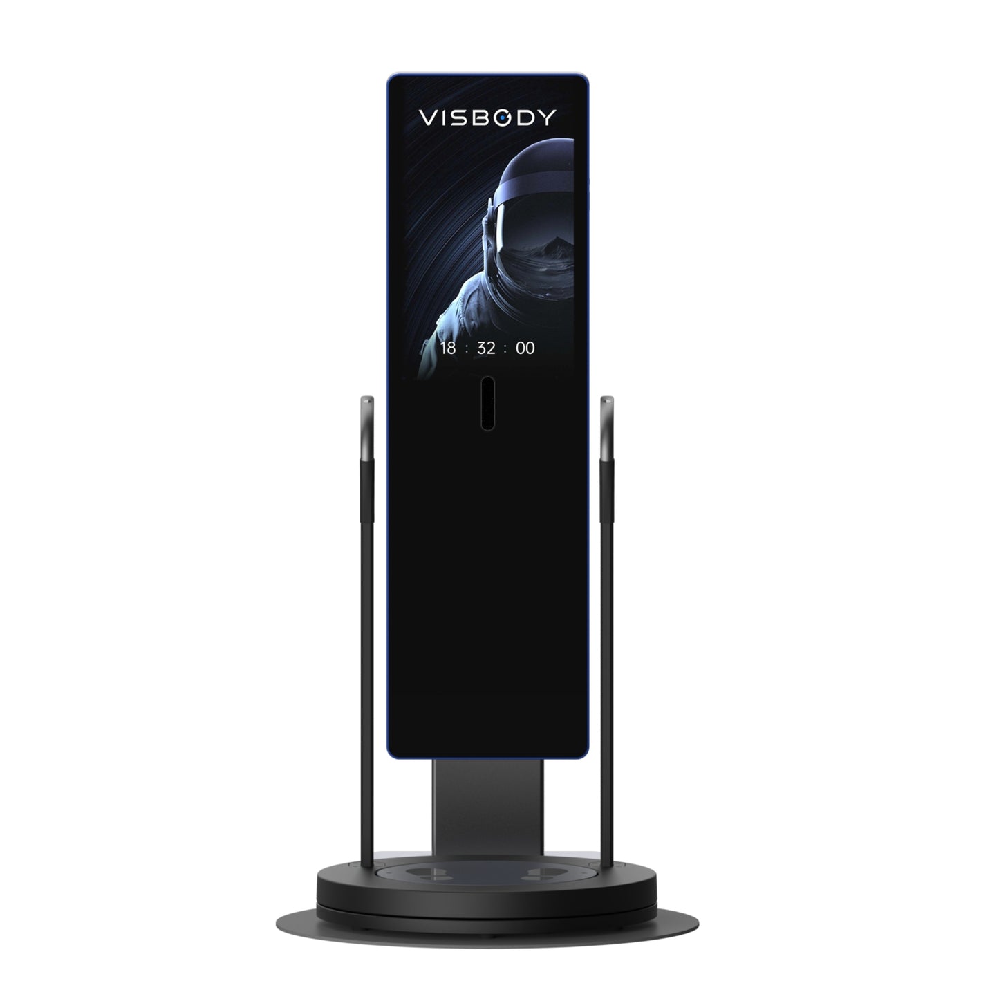 Front view of Visbody M60 expert-level 3D body composition analysis mirror with sleek touchscreen interface on white background