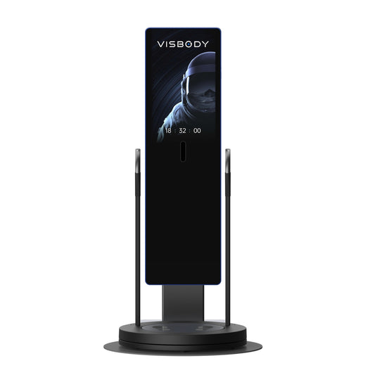 Front view of Visbody M60 expert-level 3D body composition analysis mirror with sleek touchscreen interface on white background