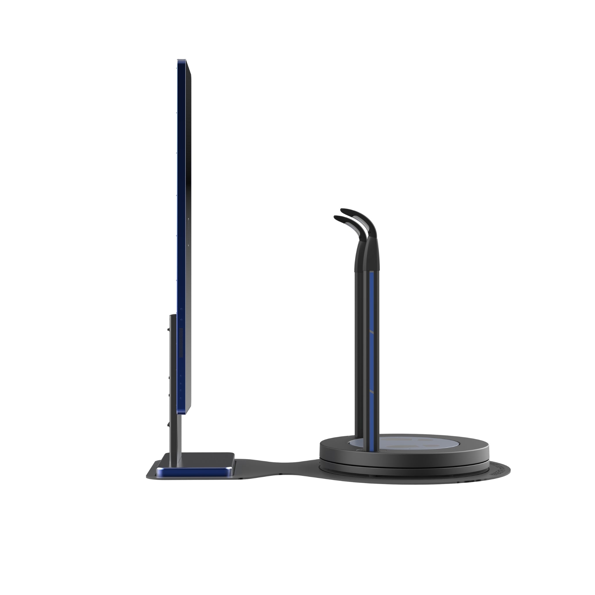 Left profile view of Visbody M60 3D body composition scanner showing the slim vertical mirror and support arm on a white background