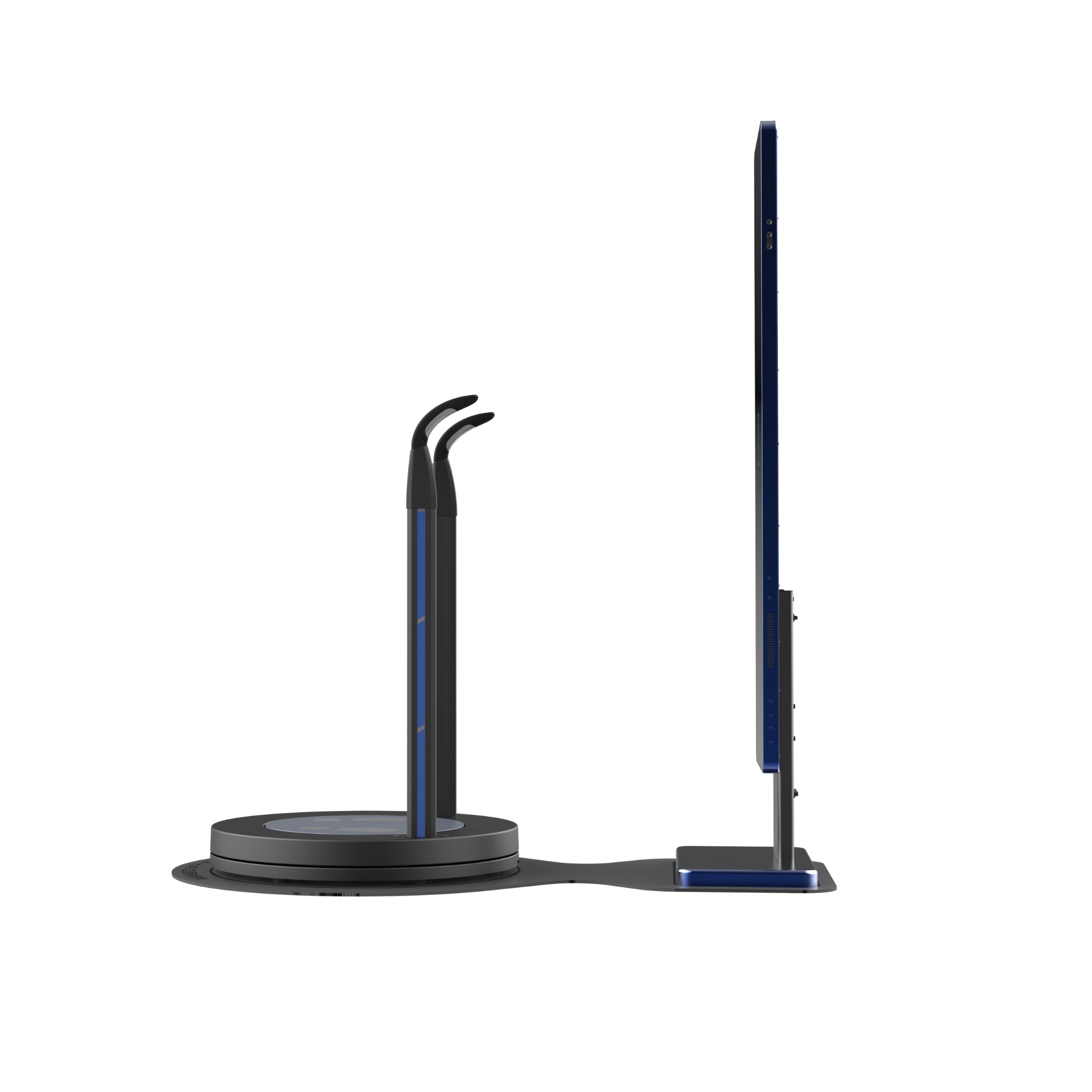 Right profile view of Visbody M60 3D body composition analysis scanner showing curved arm and ultra-slim mirror display on white background