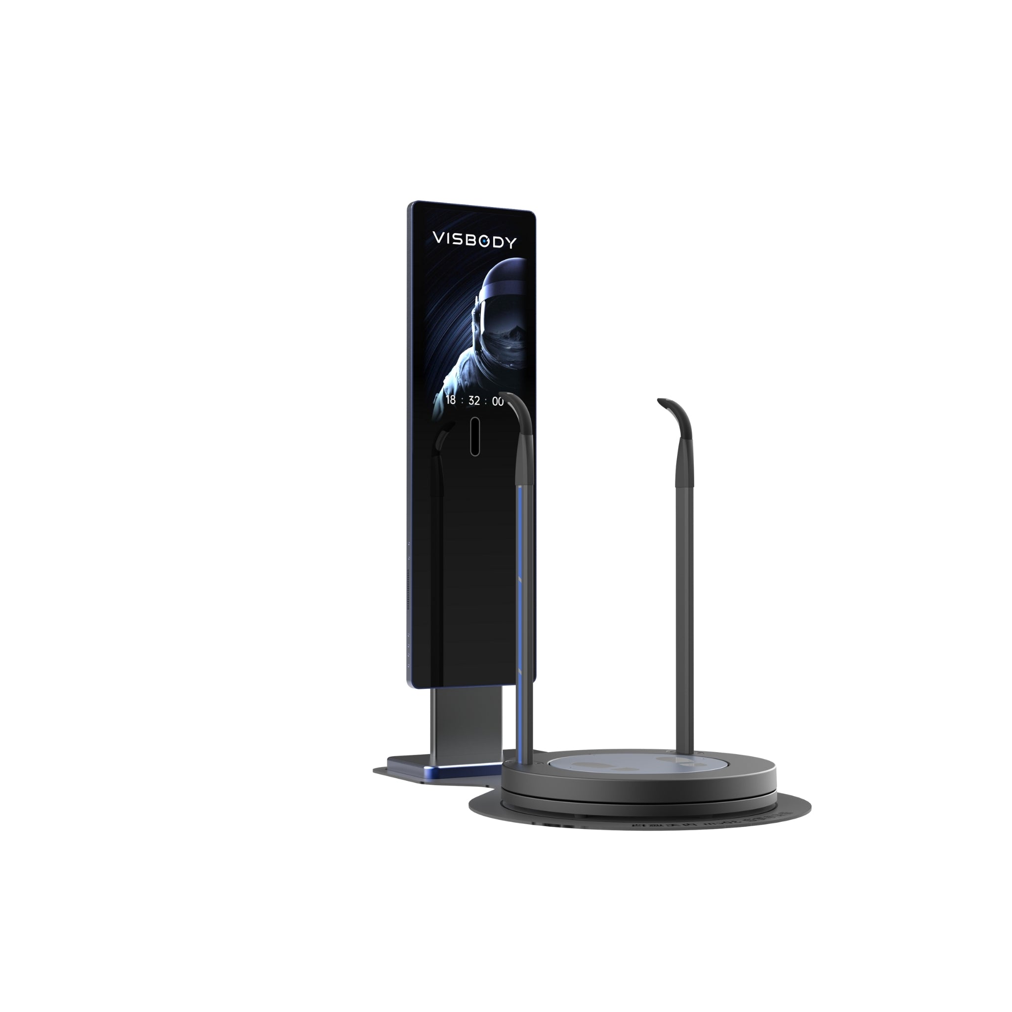 Rear-left angled view of Visbody M60 body composition scanner featuring circular platform, curved handrails, and tall touchscreen mirror on white background