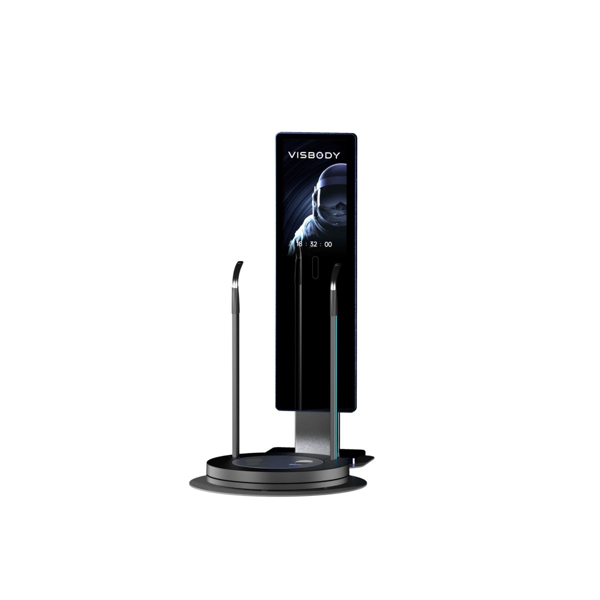 Front-angled view of Visbody M60 3D body scanner highlighting the slim mirror design, curved arm handles, and circular base on white background.