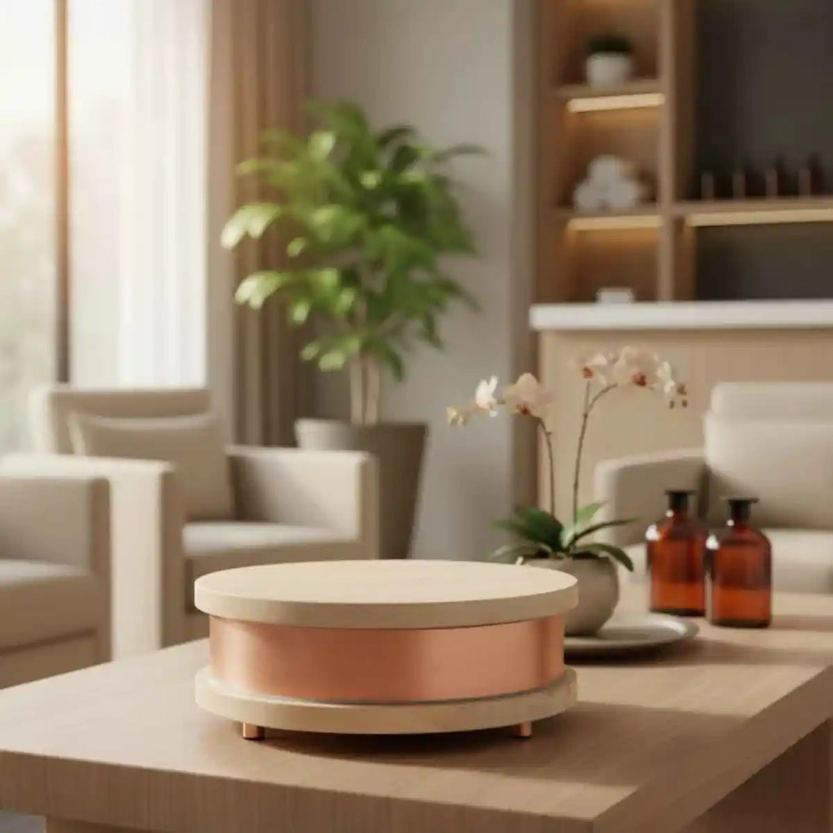 Waveguard Qi-Home Cell in Light Pine positioned on a table in a residential living space