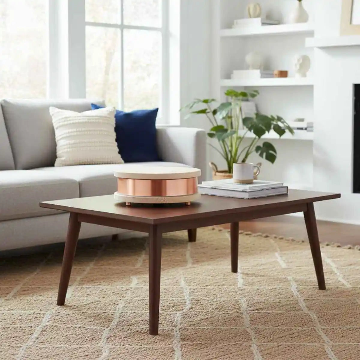 Waveguard Qi-Home Cell in Light Pine positioned on a coffee table in a living room
