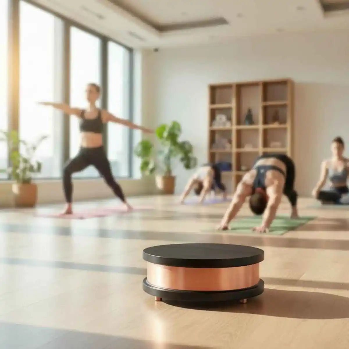 Waveguard Qi-Home Cell in Dark Beech positioned on the floor in a wellness space
